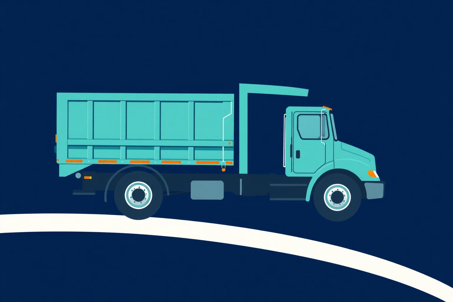 Flat illustration of a teal junk removal dump-body box truck in side view on a navy background