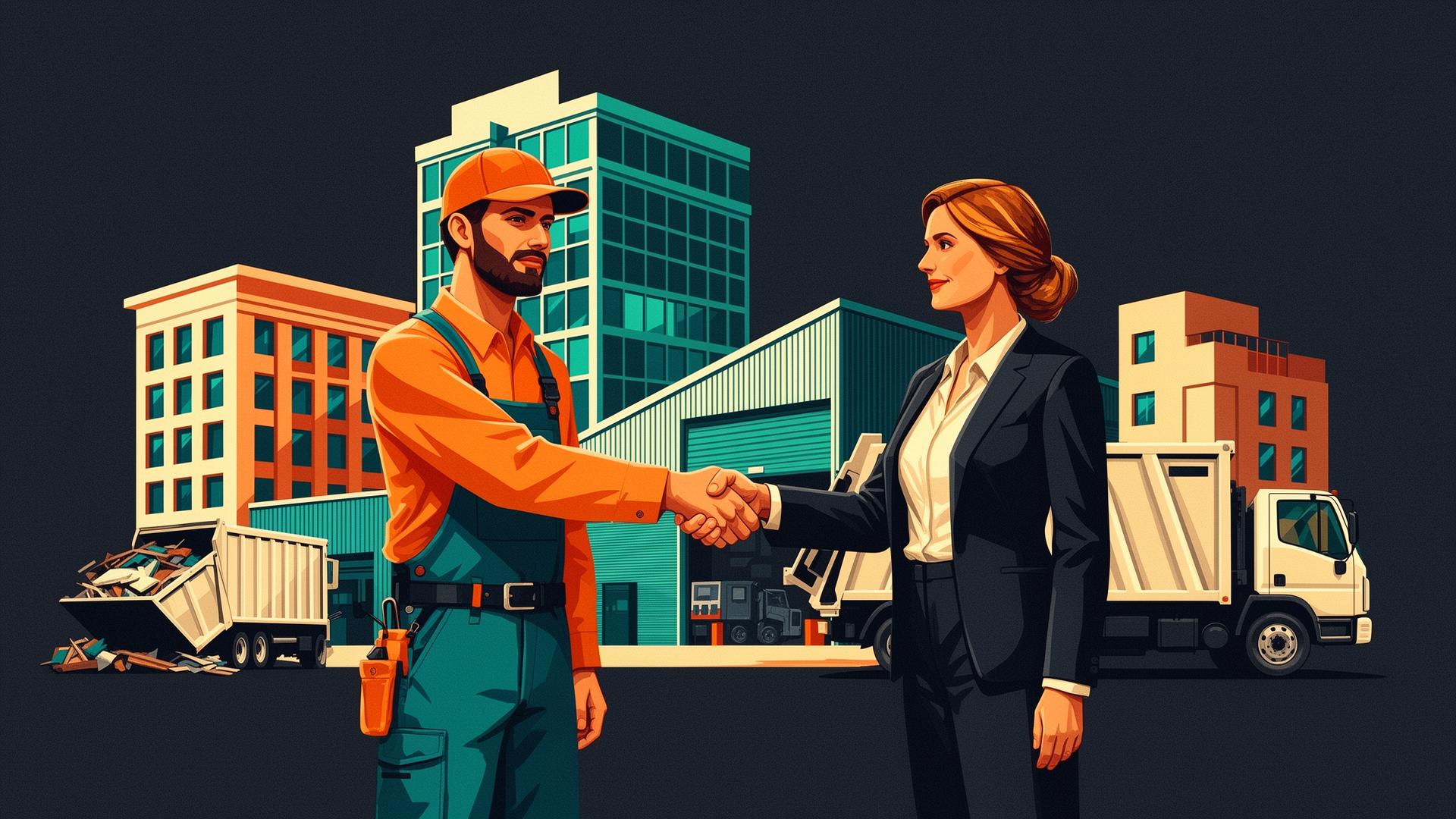 Bold illustration of an orange junk removal box truck beside a city skyline and an oversized signed contract document with pen and handshake on a charcoal background