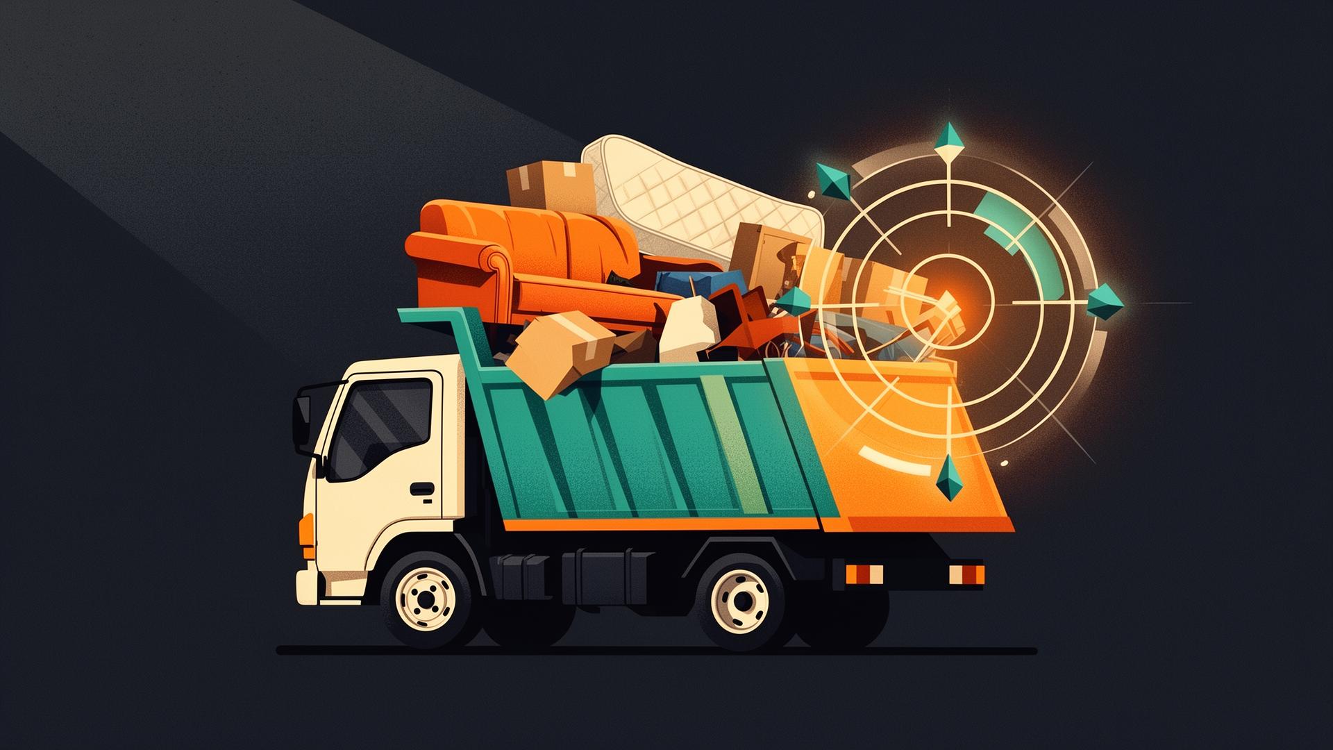 Bold illustration of an orange junk removal dump truck facing a glowing blue Facebook thumbs-up icon connected by a stream of click and target icons on a charcoal background