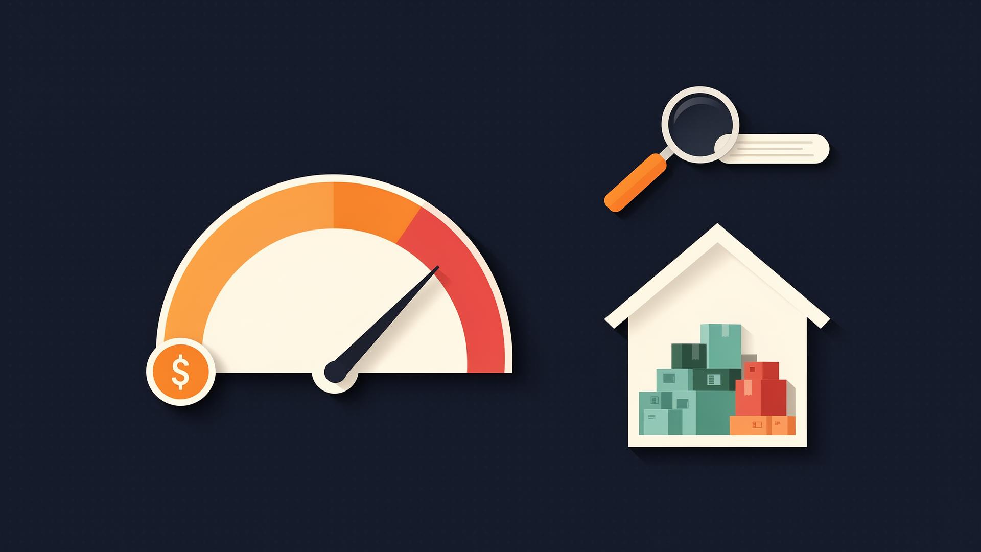 Flat infographic of a high-ticket dollar gauge next to a house silhouette filled with stacked boxes and a magnifying-glass keyword pill