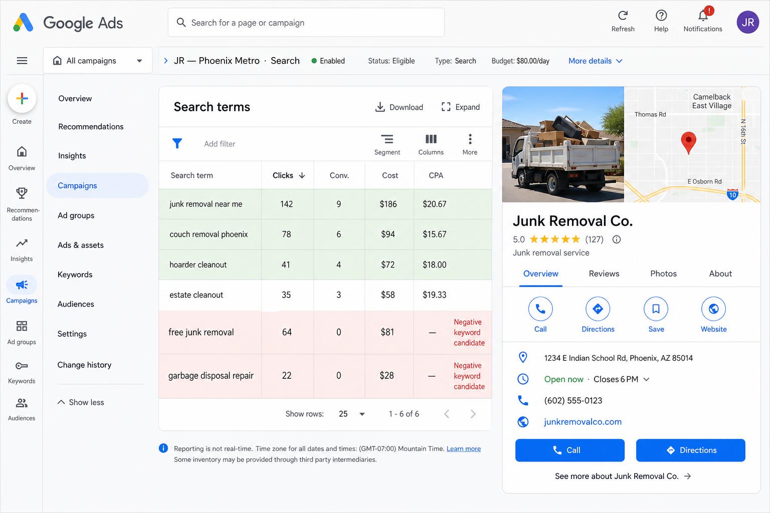 Google Ads search terms report and Google Business Profile panel for a junk removal company