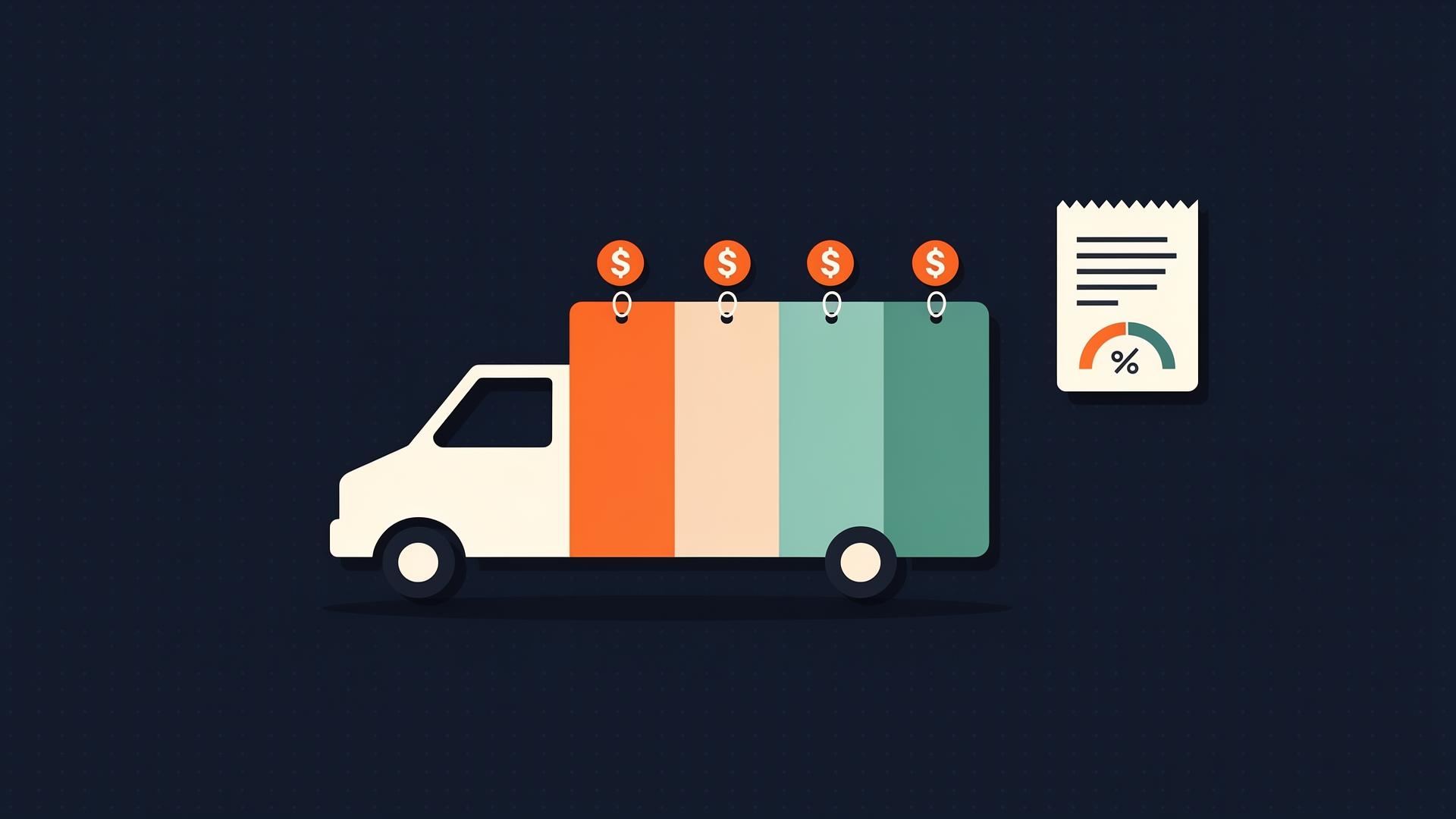 Flat infographic of a junk removal box truck segmented into pricing tiers with dollar tags above each segment and a receipt card beside it