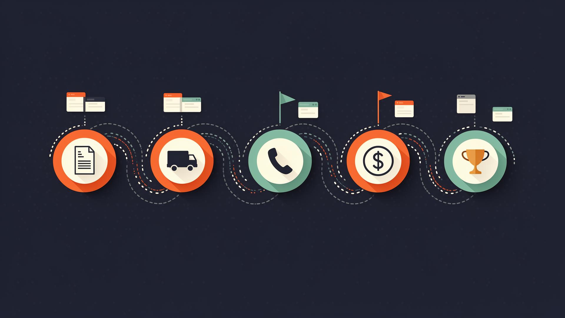 Flat infographic of a winding roadmap with five milestone nodes — license, truck, phone, dollar, and trophy icons — on a deep navy background