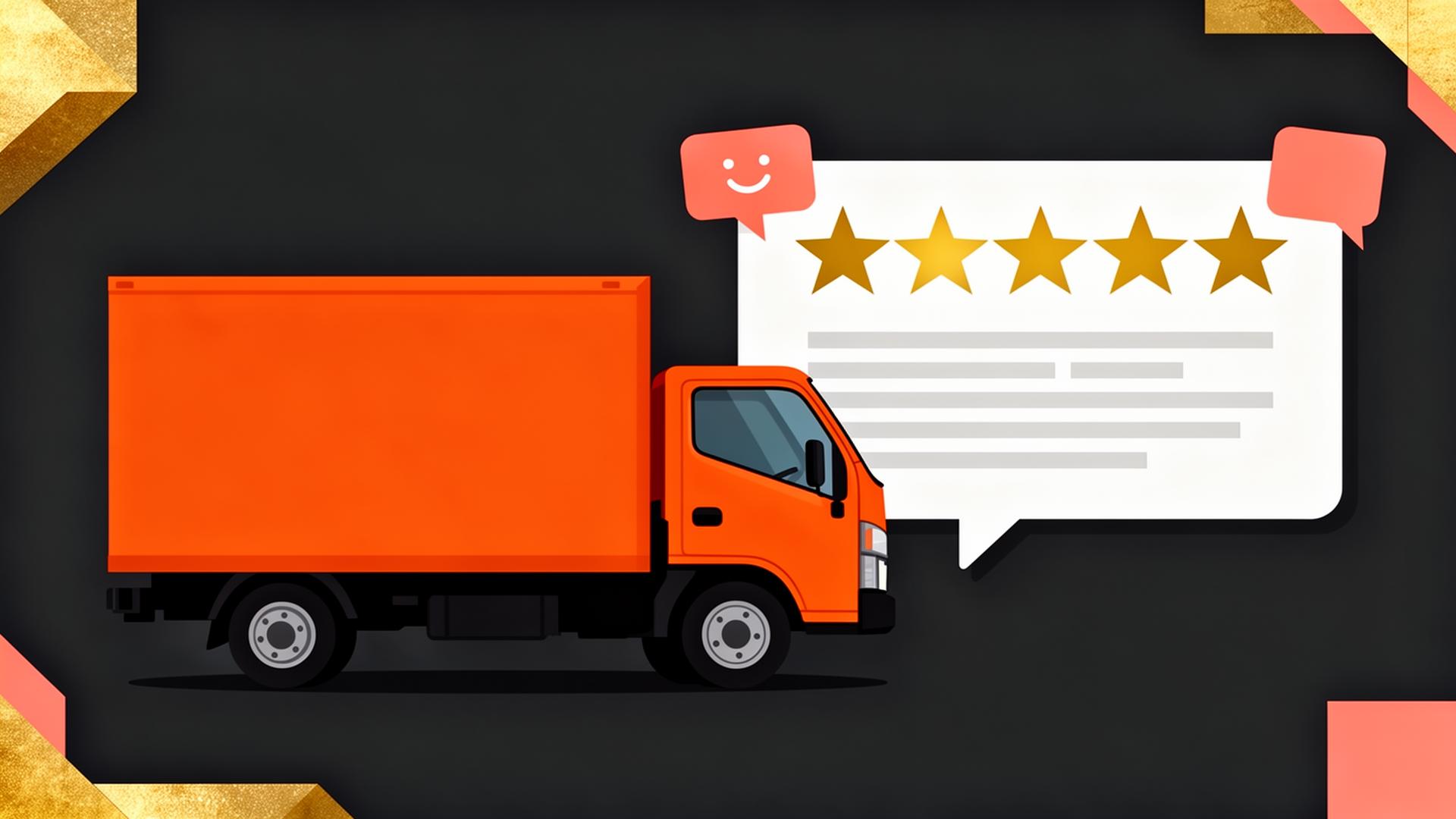 Bold illustration of an orange junk removal box truck beside an oversized white five-star review card with coral chat bubbles on a charcoal background with gold and coral geometric accents