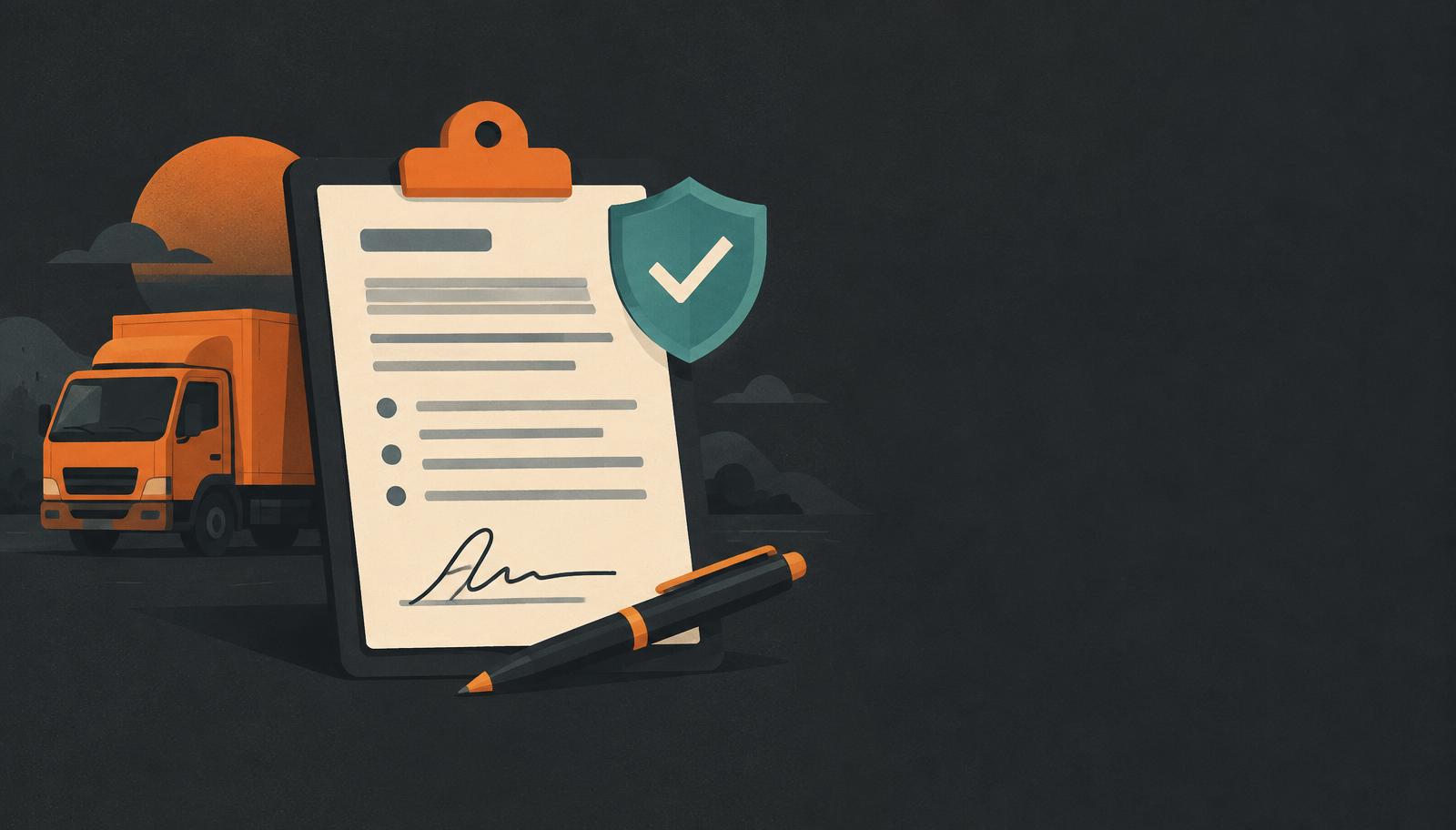 Flat editorial illustration of a signed contract on a clipboard with a pen and a teal protective shield beside an orange box truck on a charcoal background