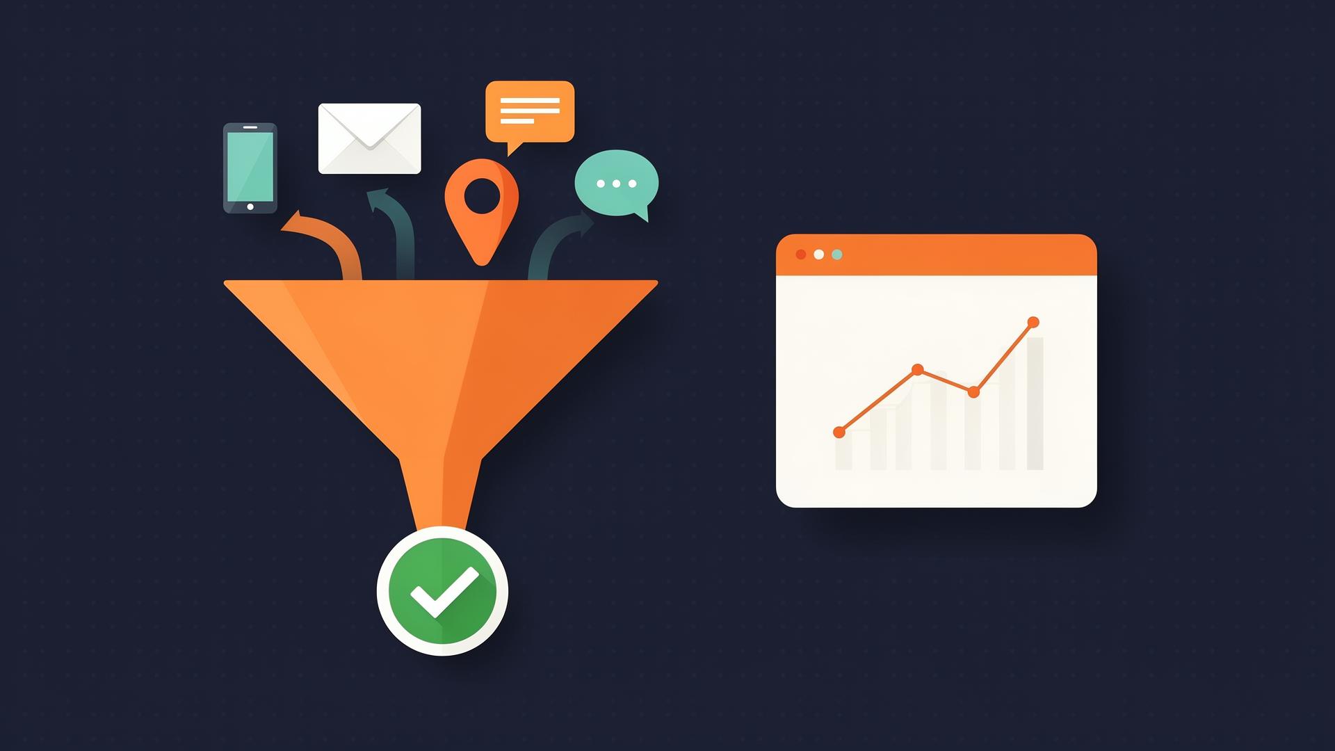Flat infographic of a lead funnel with phone, form, chat, and map pin icons flowing into a green booked-job checkmark, with a dashboard chart beside it