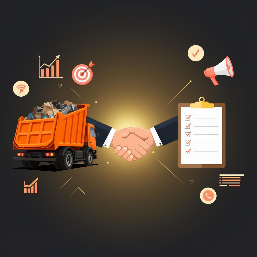 Bold flat illustration of an orange and amber junk removal truck, a golden handshake, and a checklist clipboard on a rich charcoal background with coral and gold accents