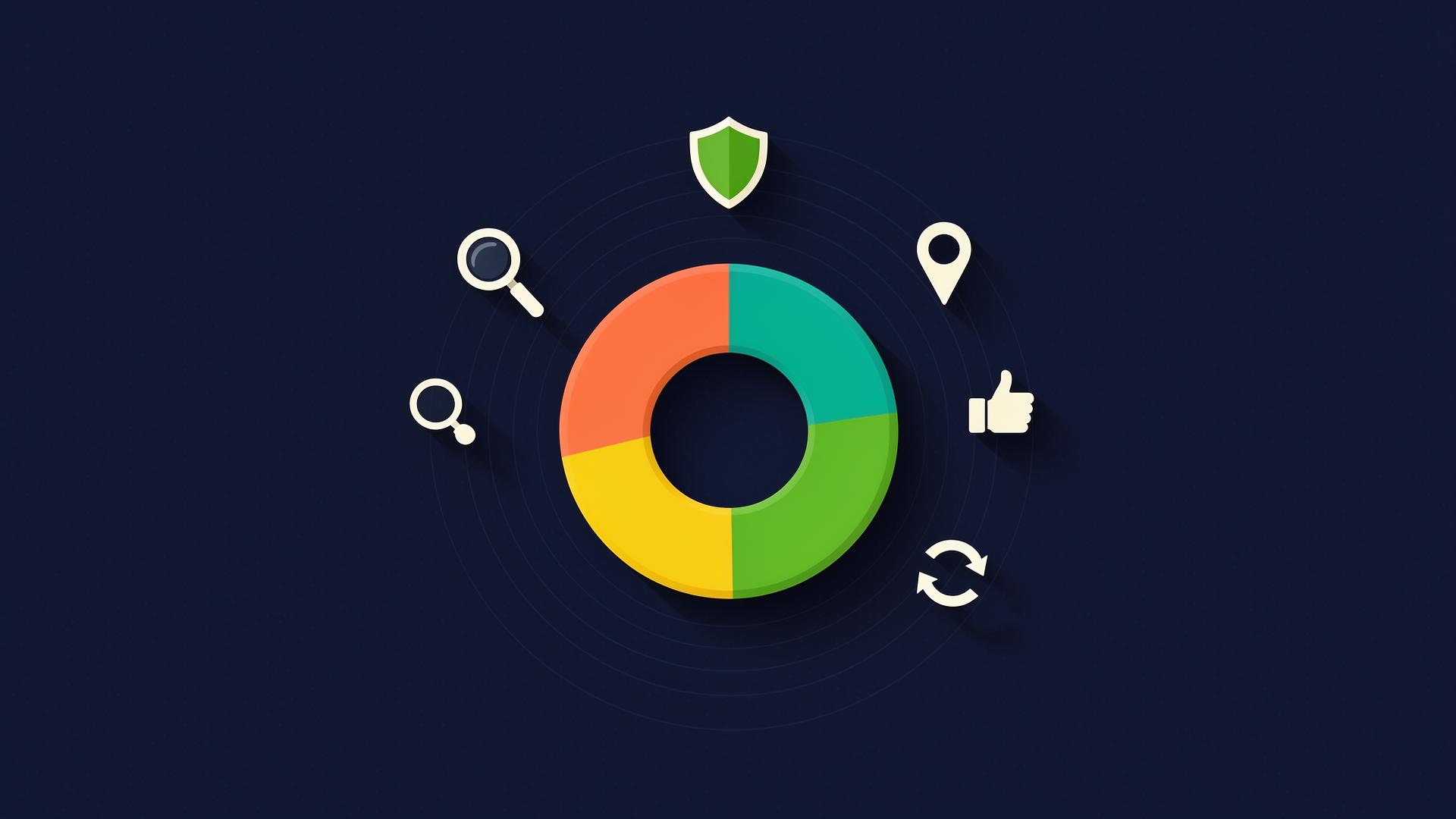 Flat infographic donut chart split into five marketing channels with surrounding icons for search, LSA shield, map pin, thumbs-up, and referral loop