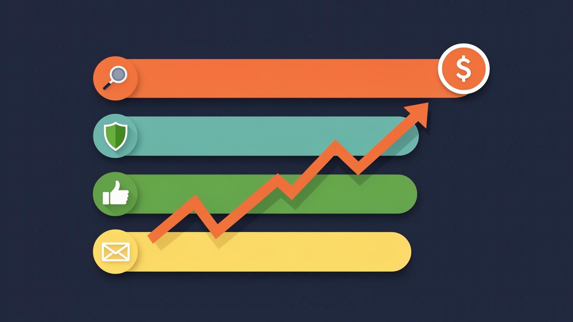 Flat infographic of four channel budget bars with search, shield, thumbs-up, and envelope icons and an upward trending arrow ending in a dollar sign