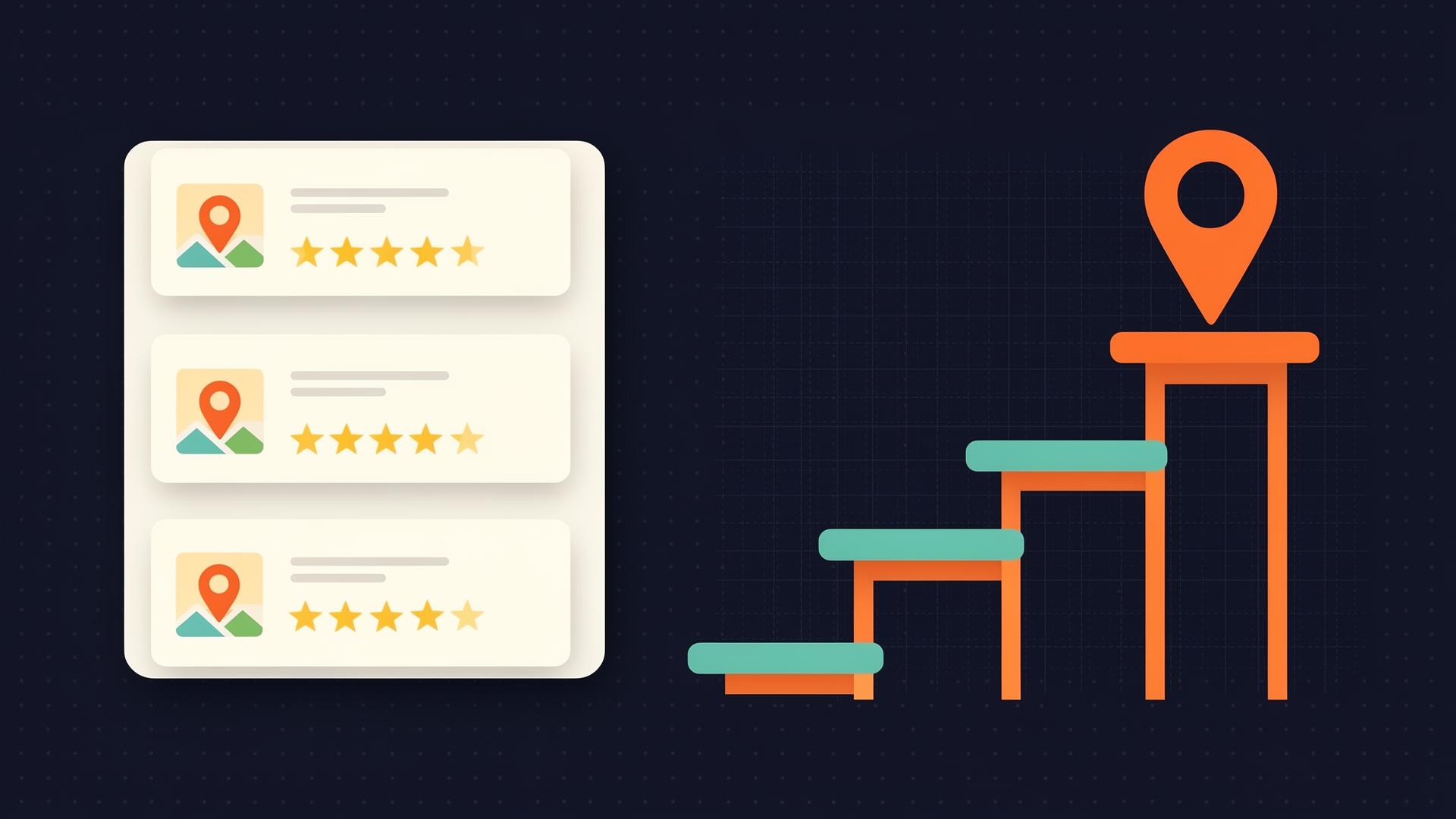 Flat infographic of a Google map-pack card with three star-rated location results next to a rising staircase topped with an orange map pin