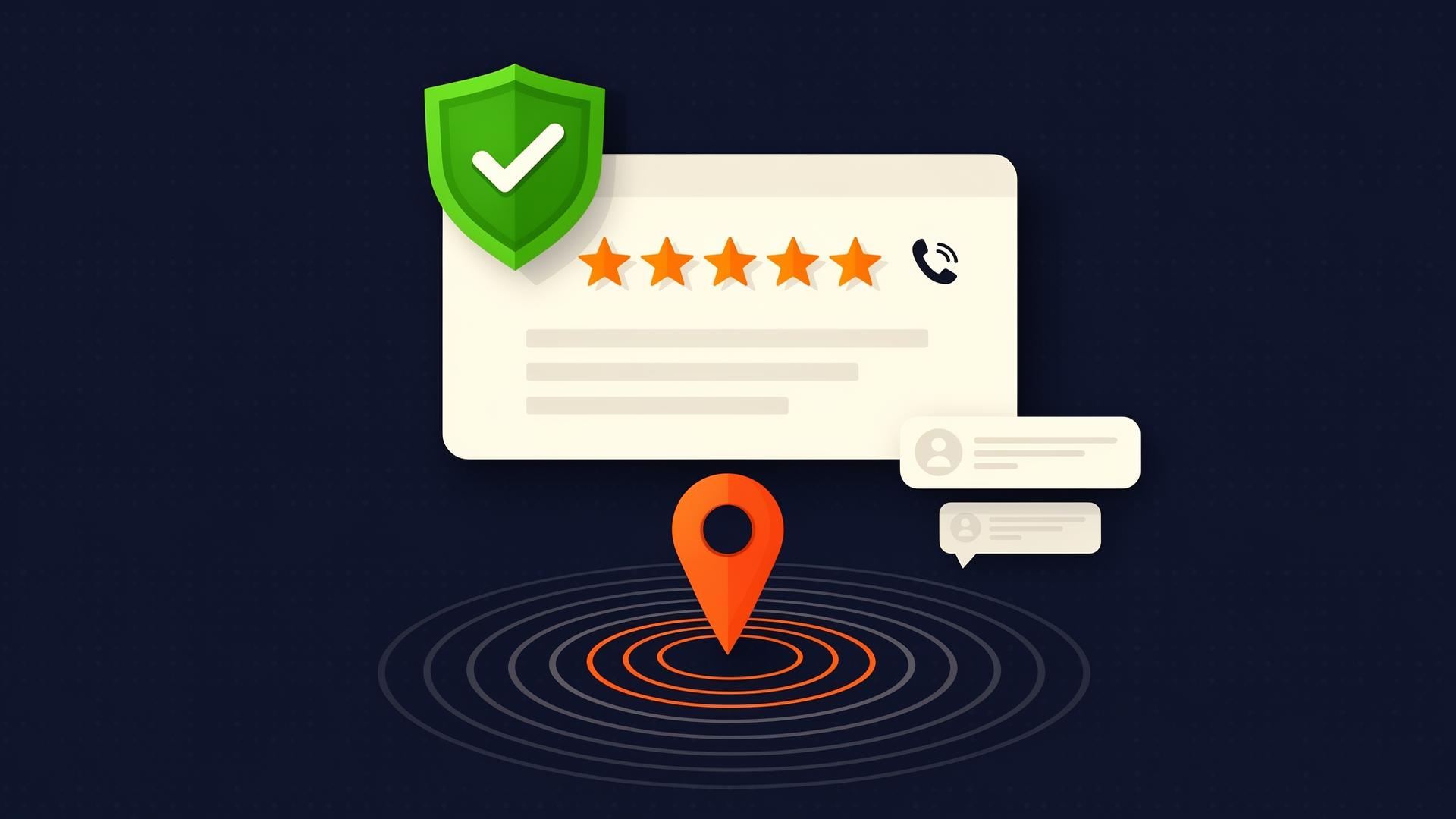 Flat infographic of a Local Service Ad card with a green guarantee shield, five-star rating, and a map pin on a concentric radius