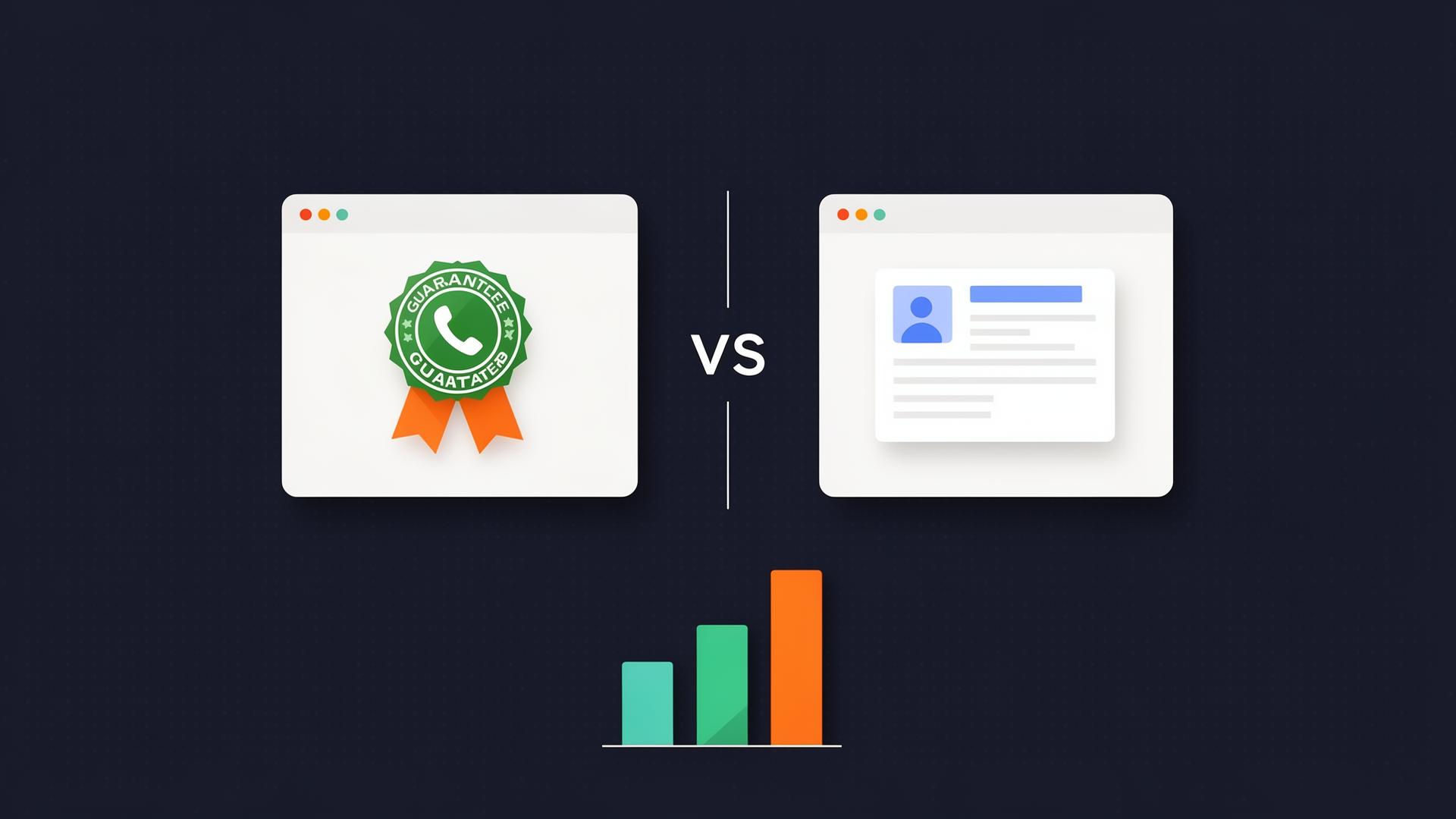 Flat infographic comparing Local Service Ads and Google Search Ads side by side with a small bar chart on a deep navy background
