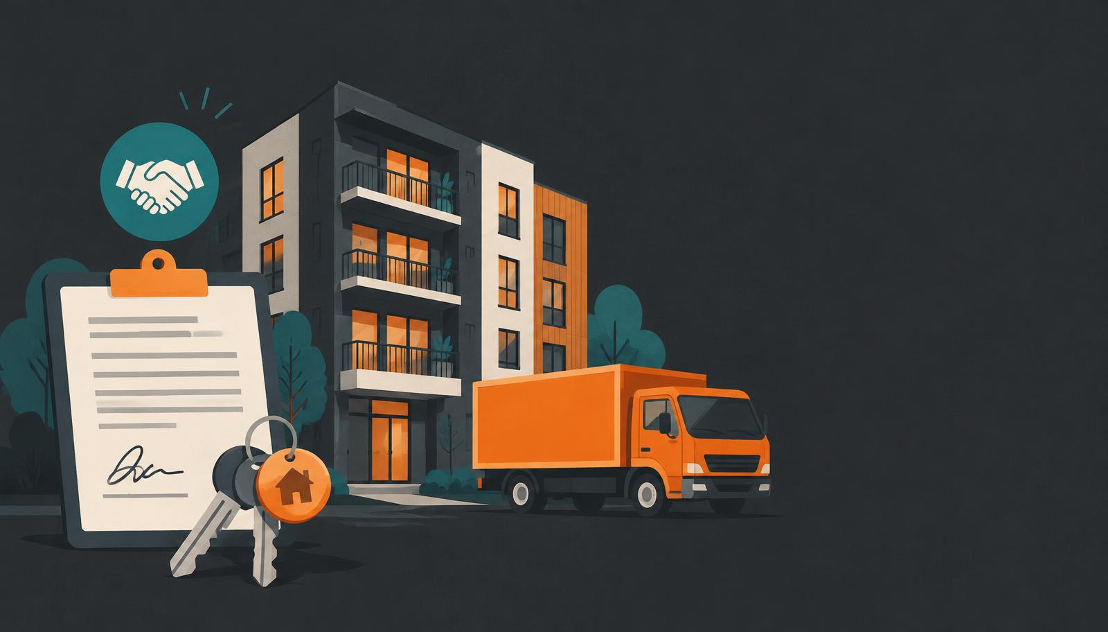 Flat editorial illustration of an apartment building with an orange box truck, a signed vendor agreement on a clipboard and a set of apartment keys on a charcoal background