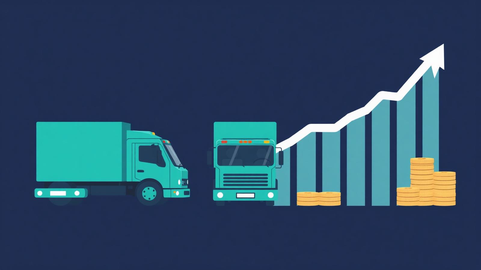 Flat illustration of a teal junk removal truck fleet beside an upward revenue chart and gold coin stacks on a deep navy background